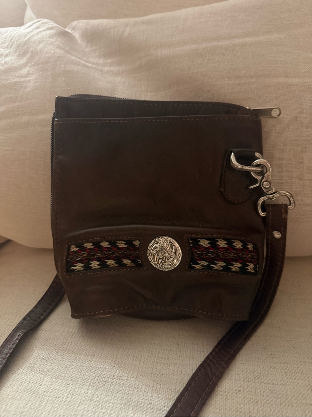 Leather Crossbody Bag with Decorative Embellishment - Brown
